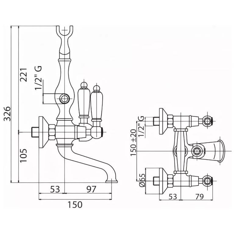Смеситель для ванны Cezares (Цезарис) с ручным душем, исполнение золото, ручки золото FIRST-VD-03/24-M