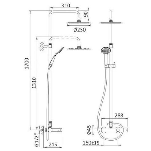 Душевая колонна Cezares (Цезарис) со смесителем для ванны, верхним и ручным душем, верхний душ из нержавеющей стали диаметр 250 мм, исполнение белый матов CZR-B-CVD-BIO
