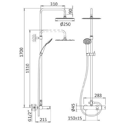 Душевая колонна Cezares (Цезарис) со смесителем для ванны, верхним и ручным душем, верхний душ из нержавеющей стали диаметр 250 мм, исполнение черный мато CZR-B-CVD-NOP