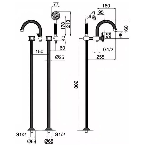 Напольный Смеситель для ванны Cezares (Цезарис) с ручным душем, исполнение золото, ручки Swarovski APHRODITE-VDP-03/24-Sw