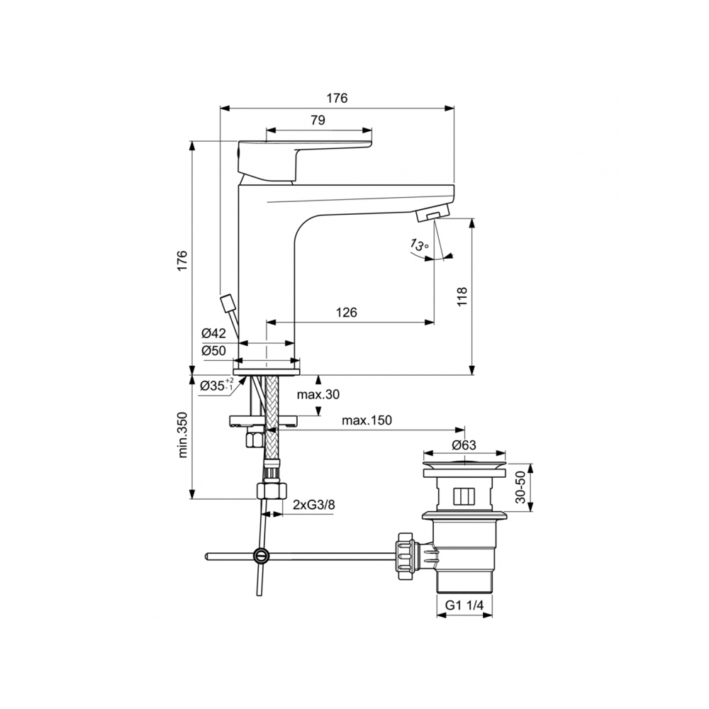 Смеситель для раковины Ideal (Идеал) Standard Cerafine O с пластиковым донным клапаном BC496AA хром
