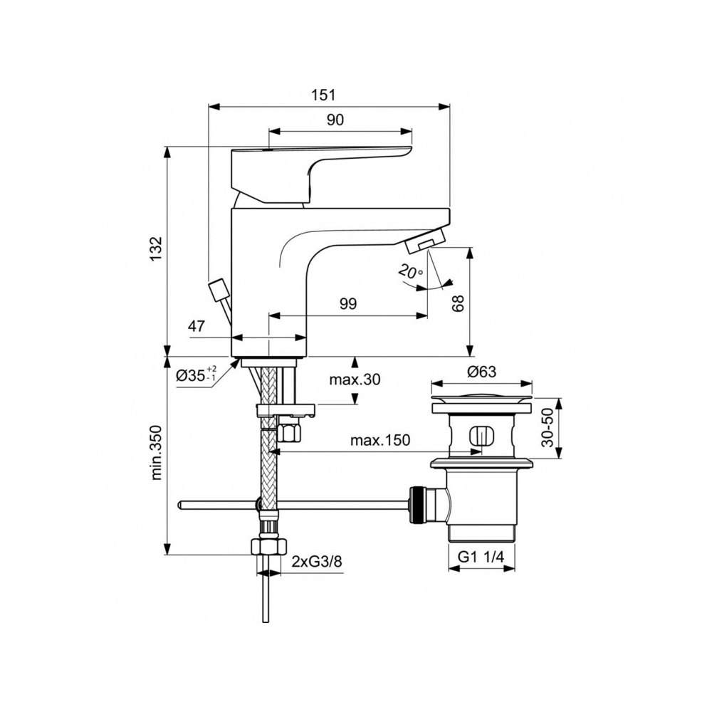 Смеситель для раковины Ideal (Идеал) Standard Ceraplan III Slim с металлическим донным клапаном BC559AA хром
