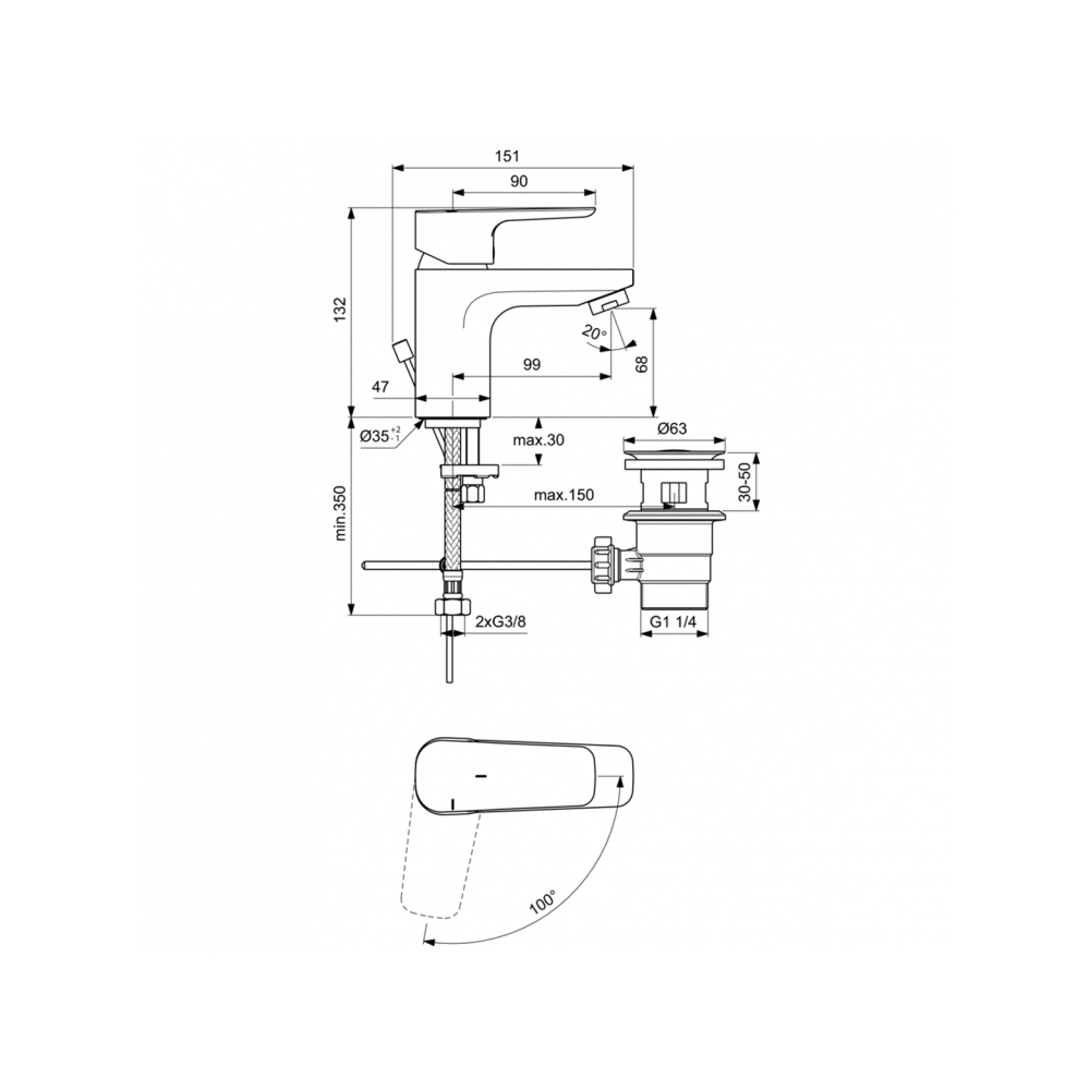 Смеситель для раковины Ideal (Идеал) Standard Ceraplan III Slim с пластиковым донным клапаном BC578AA хром