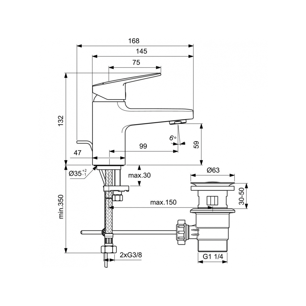 Смеситель для раковины Ideal (Идеал) Standard с пластиковым донным клапаном BD202AA хром