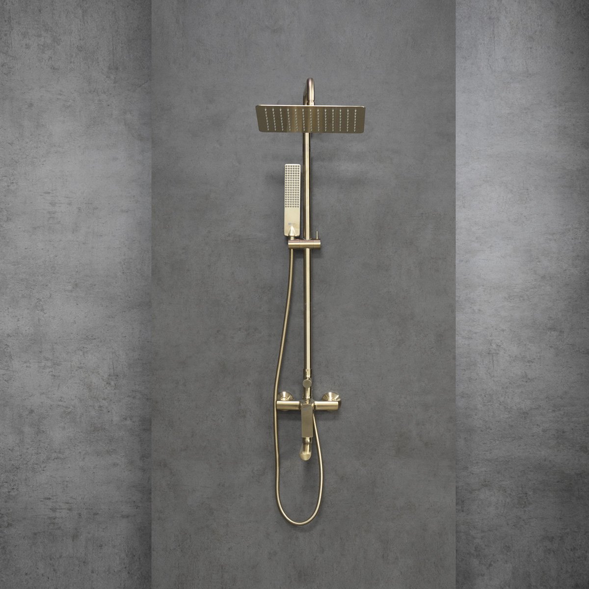 Душевая система Lemark (Лемарк) Ursus с регулируемой высотой штанги и верхней душевой лейкой ″Тропический дождь″ (LM7262BG) золото
