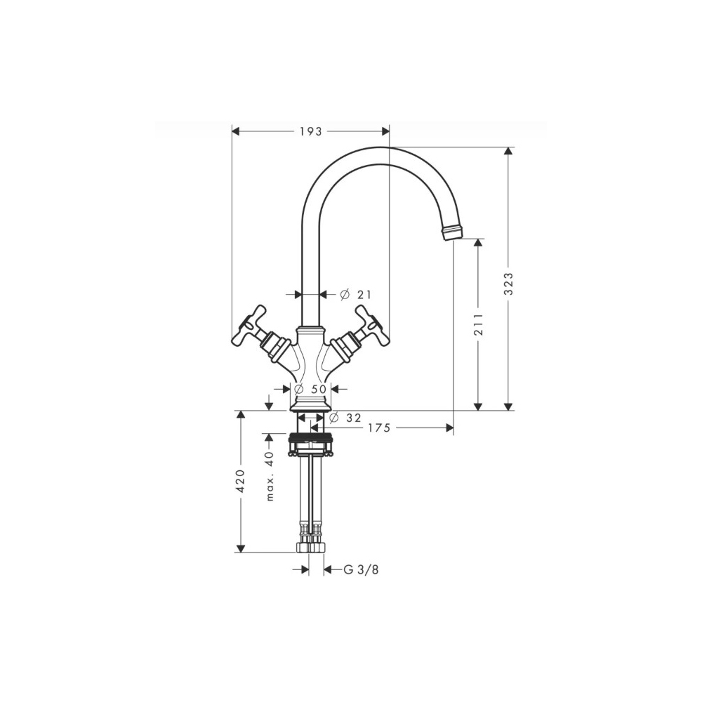 Смеситель для раковины Hansgrohe (Хансгрое) Axor Montreux с двумя рукоятками 210 с крестообразными рукоятками 16502140 шлифованная бронза