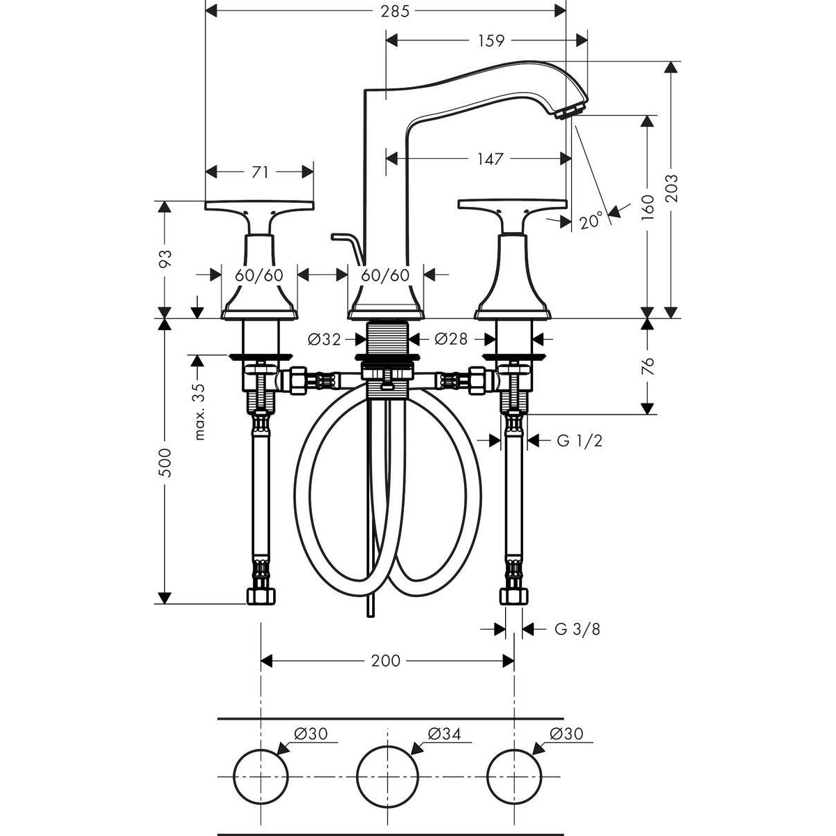 Смеситель для раковины Hansgrohe (Хансгрое) Metropol Classic 160 на 3 отверстия с крестовыми рукоятками и сливным гарнитуром 31307090 хром золото