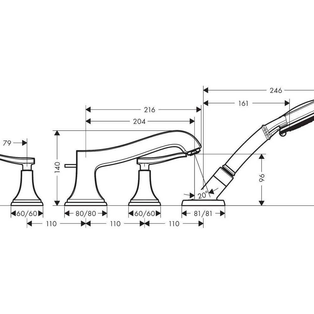 Смеситель на край ванны Hansgrohe Metropol Classic на 4 отверстия с рычаговыми рукоятками 31441000 хром (нужна СЧ 13444180)