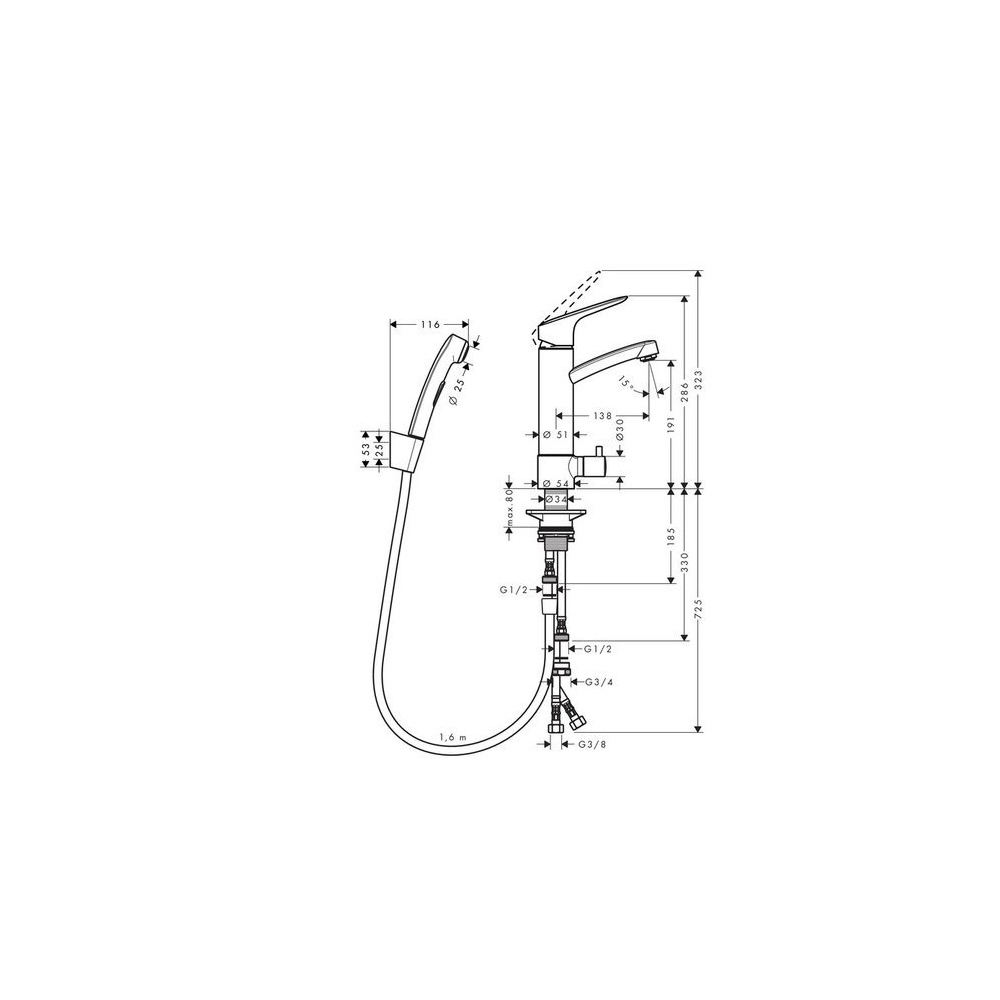 Смеситель для раковины Hansgrohe (Хансгрое) Logis с гигиеническим душем и запорным клапаном 31515000 хром