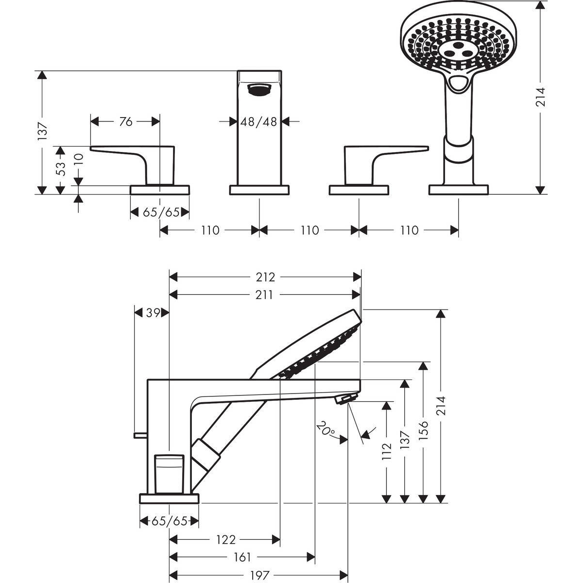 Смеситель на край ванны Hansgrohe Metropol на 4 отверстия 32552000 хром (нужна СЧ 13444180)
