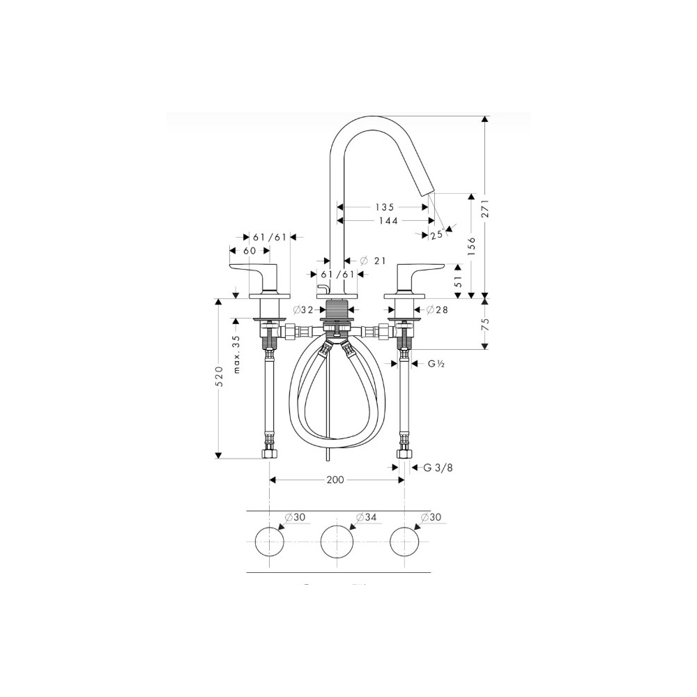 Смеситель для раковины Hansgrohe (Хансгрое) Axor Citterio M на 3 отверстия 160 с рычаговыми рукоятками с отдельными розетками 34133140 шлифованная бронза