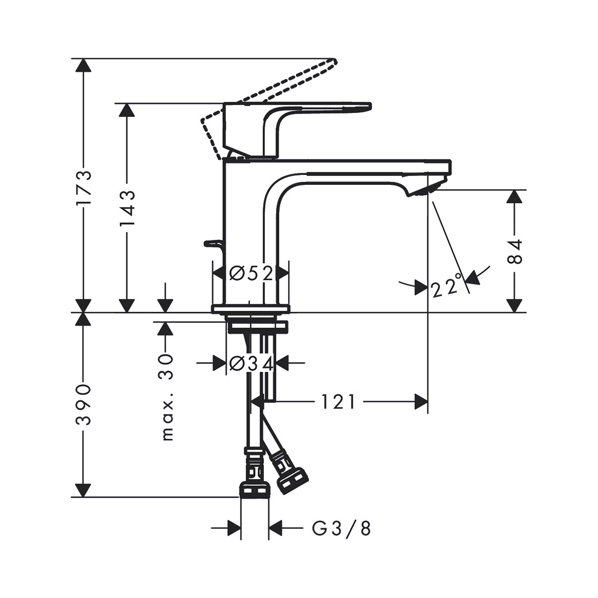 Смеситель для раковины Hansgrohe (Хансгрое) Rebris S 80 CoolStart с металлическим сливным гарнитуром 72584670 черный матовый