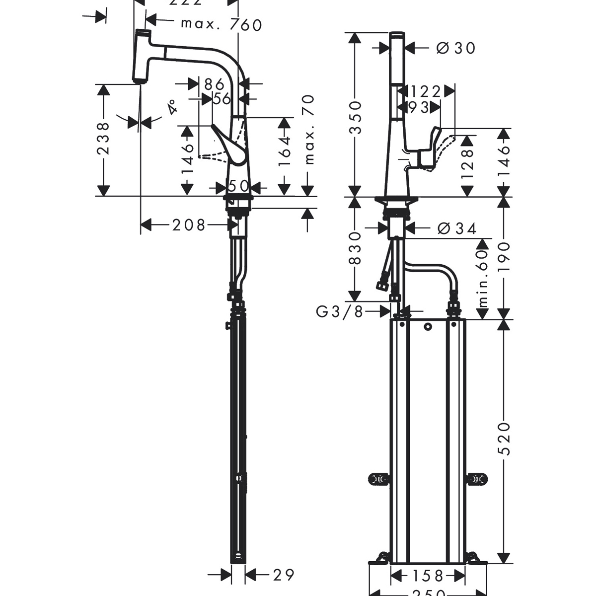 Смеситель для кухни Hansgrohe (Хансгрое) Metris Select M71 однорычажный 240 с вытяжным изливом 1jet sBox 73802000 хром