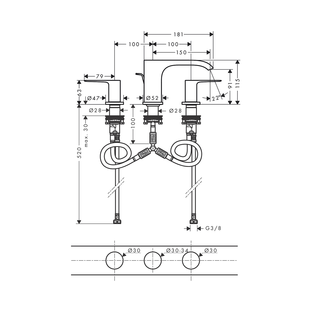 Смеситель для раковины Hansgrohe (Хансгрое) Vivenis на 3 отверстия 90 со сливным гарнитуром 75033000 хром