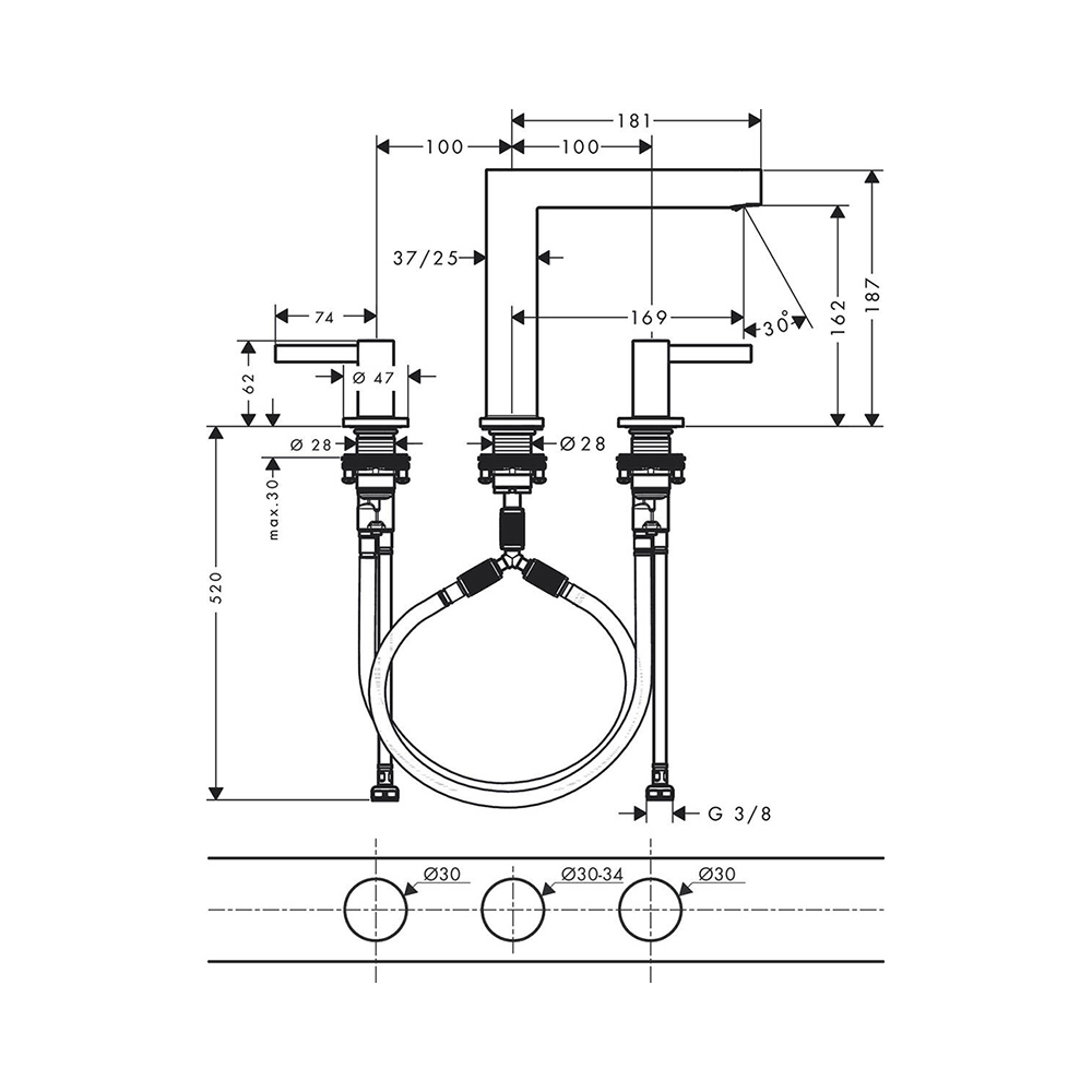 Смеситель для раковины Hansgrohe (Хансгрое) Finoris 160 на 3 отверстия со сливным гарнитуром push-open 76034670 черный матовый