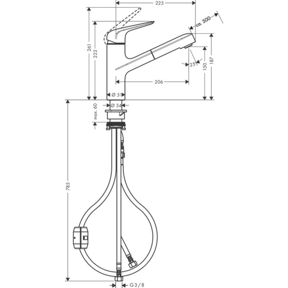 Смеситель для кухни Hansgrohe (Хансгрое) Focus M42 150, с вытяжным изливом 1jet 71814000, хром