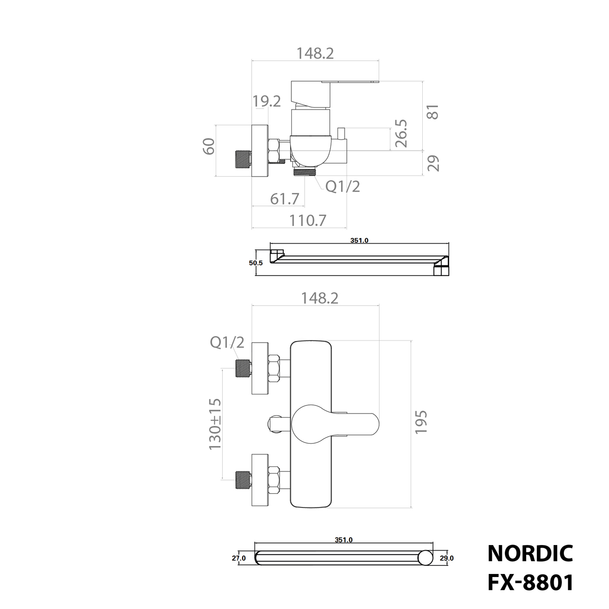 Смеситель для ванны Fixsen (Фиксен) Nordic FX-8801B, черный