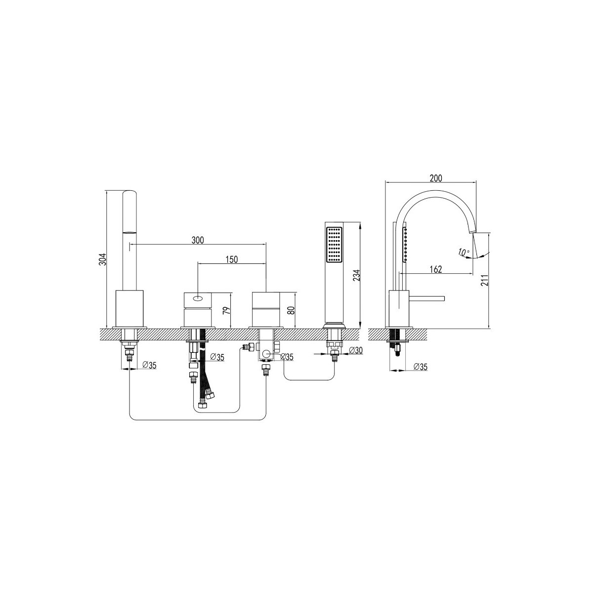 Каскадный смеситель для ванны на 4 отверстия Azario (Азарио) Delicate AZ-QA28173PA-0307APA черный