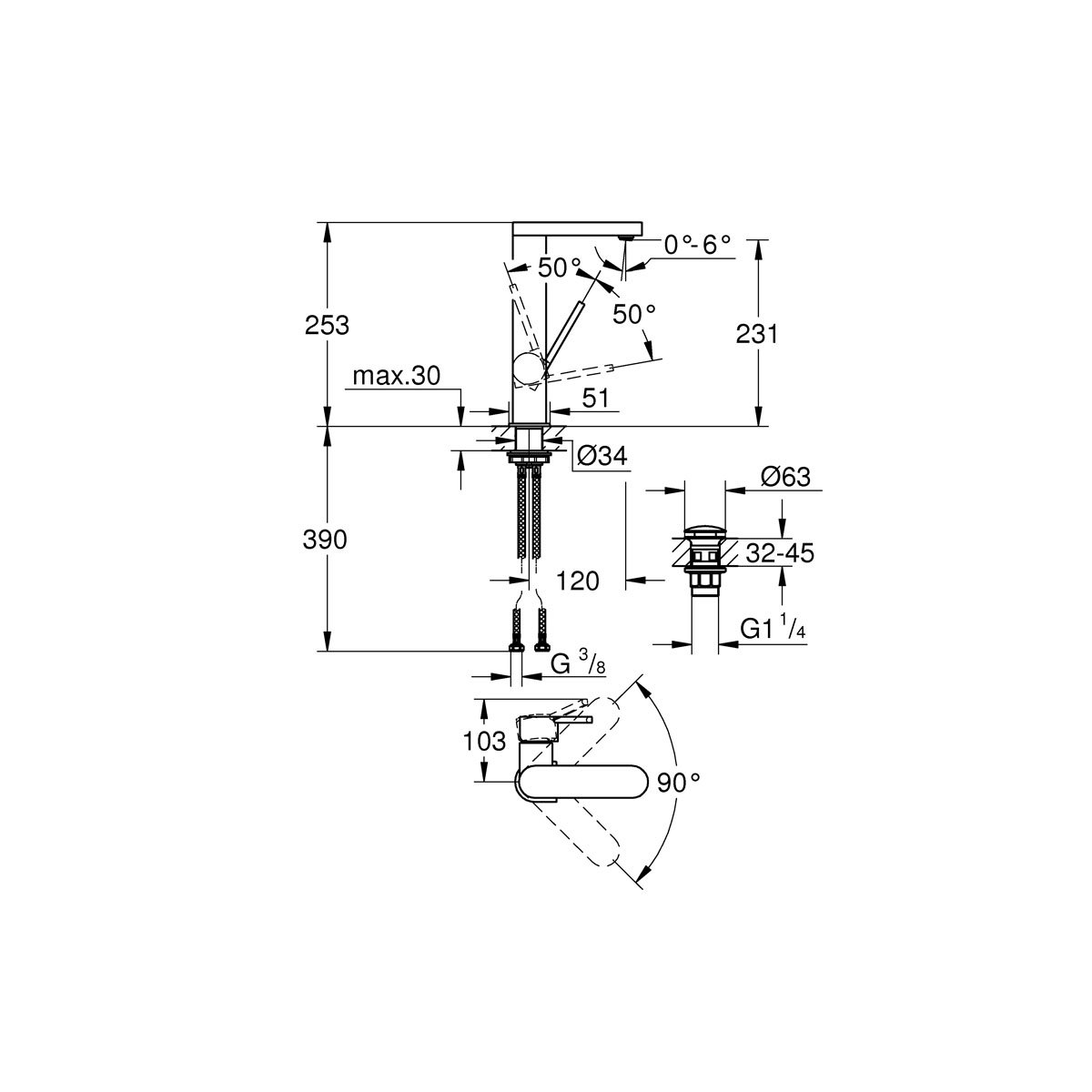Смеситель для раковины Grohe (Гроэ) Plus с нажимным сливным гарнитуром, L-Size, хром 23873003