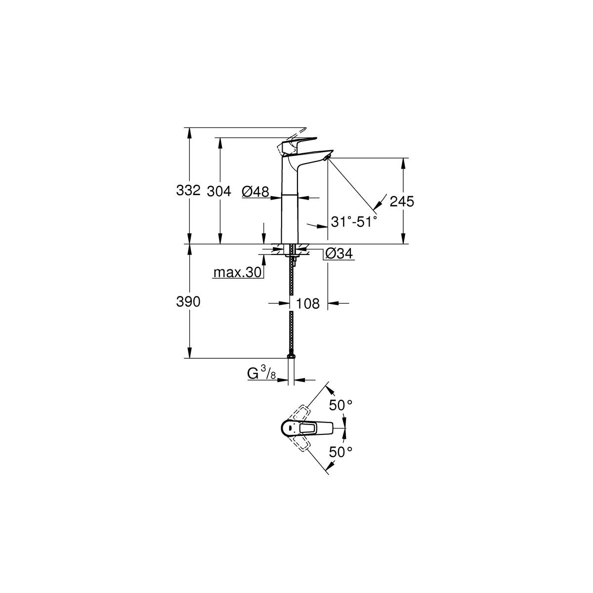 Смеситель для раковины Grohe (Гроэ) BauLoop с ограничителем температуры, размер XL, хром 23764001