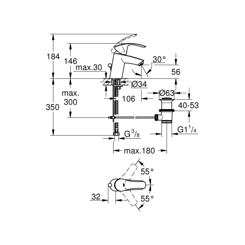 Смеситель для раковины Grohe (Гроэ) Eurosmart, S-size 33265002 с донным клапаном, хром