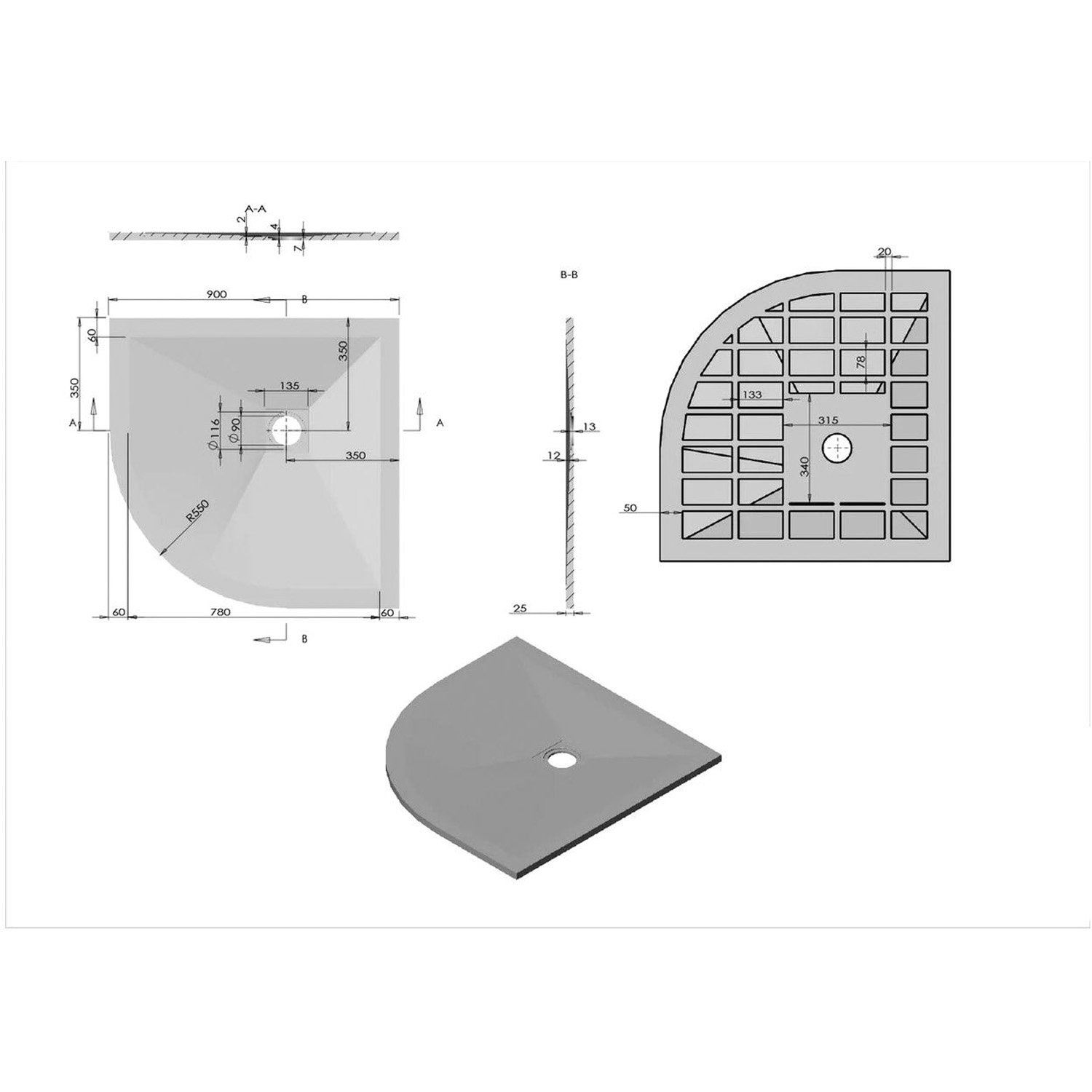 Поддон для душа Vincea (Винчея) из искусственного камня VST-4SQ9090G, 900х900х25, серый