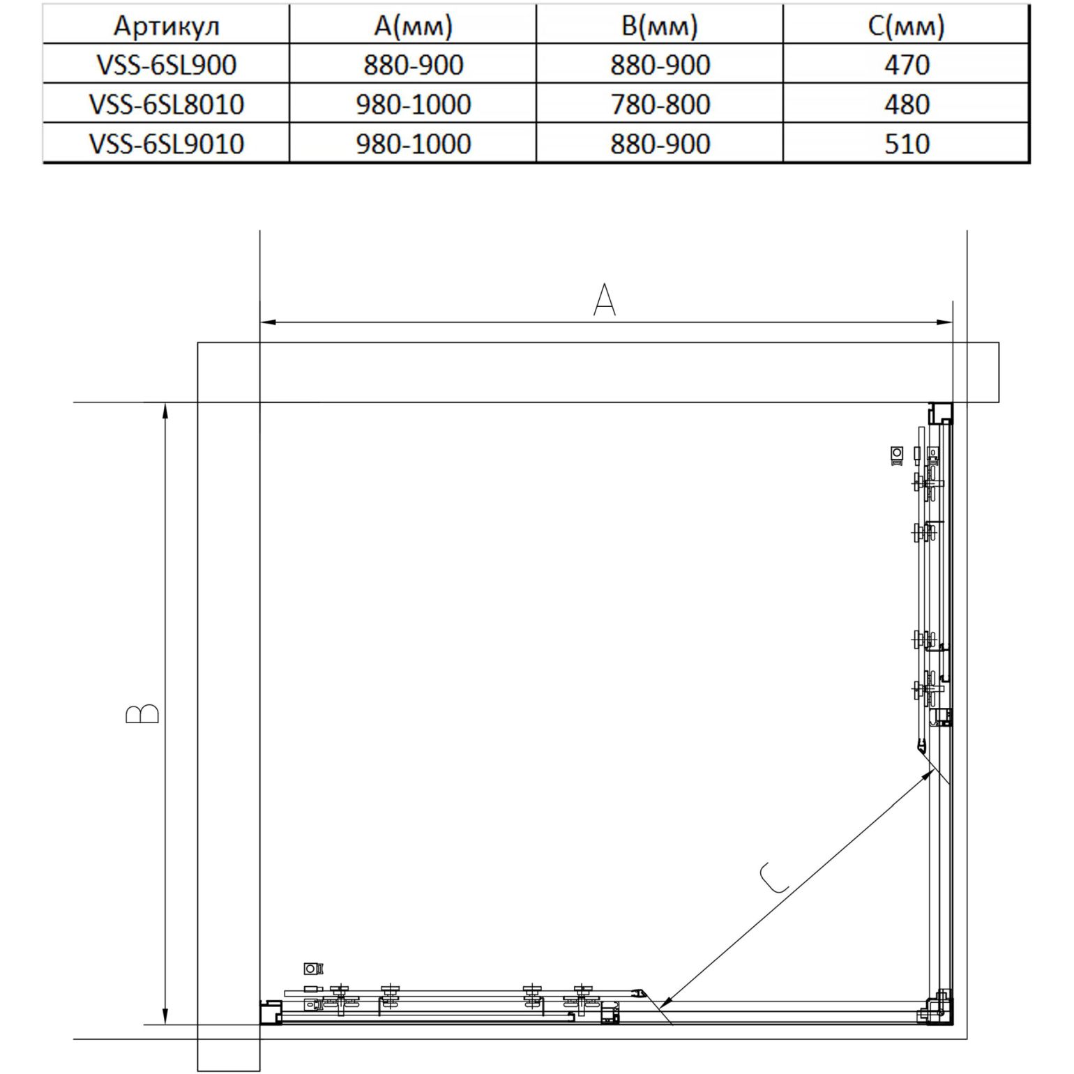 Душевой уголок Vincea (Винчея) Slim 8 мм, 1000х900 мм (габариты площадки) , хром, стекло прозрачное VSS-6SL9010CL