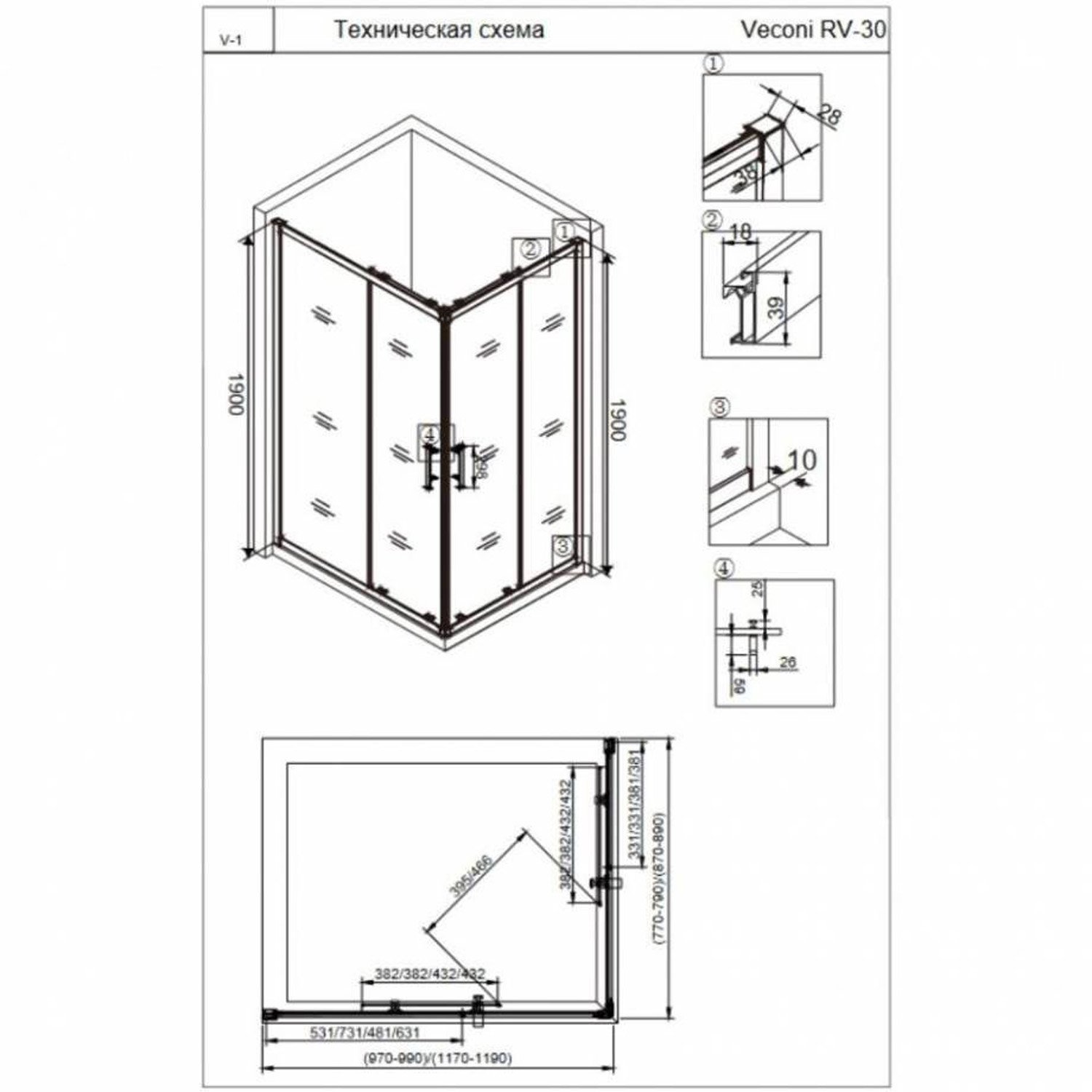 Душевой угол Veconi (Векони) Rovigo 900х900 мм (габариты площадки) стекло прозрачное 6 мм RV30B-12090-01-C3