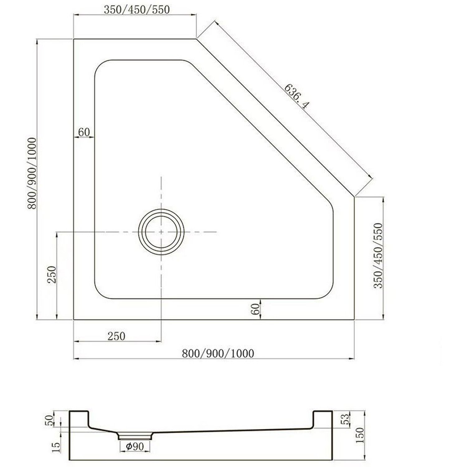 Душевой поддон Veconi (Векони) Tezeo TZ53-100-C5 акриловый 1000х1000 мм (белый, трапеция)