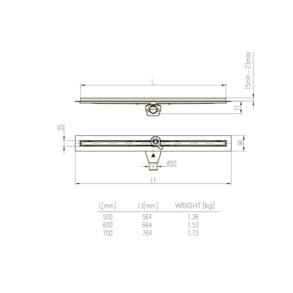 Щелевой водоотводящий желоб Veconi (Векони) Slim-line V700SL с боковым сливом D 5 700х100х35 мм