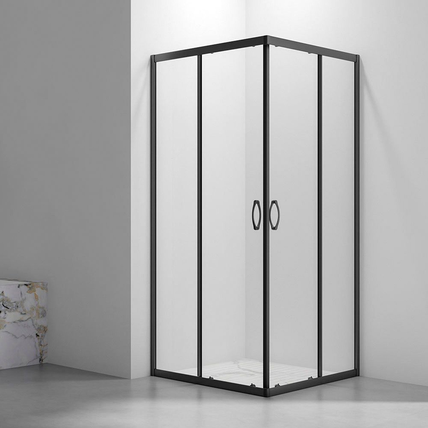 Душевой уголок Veconi (Векони) Rovigo 90х190х90 см стекло прозрачное, профиль черный, механизм раздвижной (RV101B-90-01-C5)