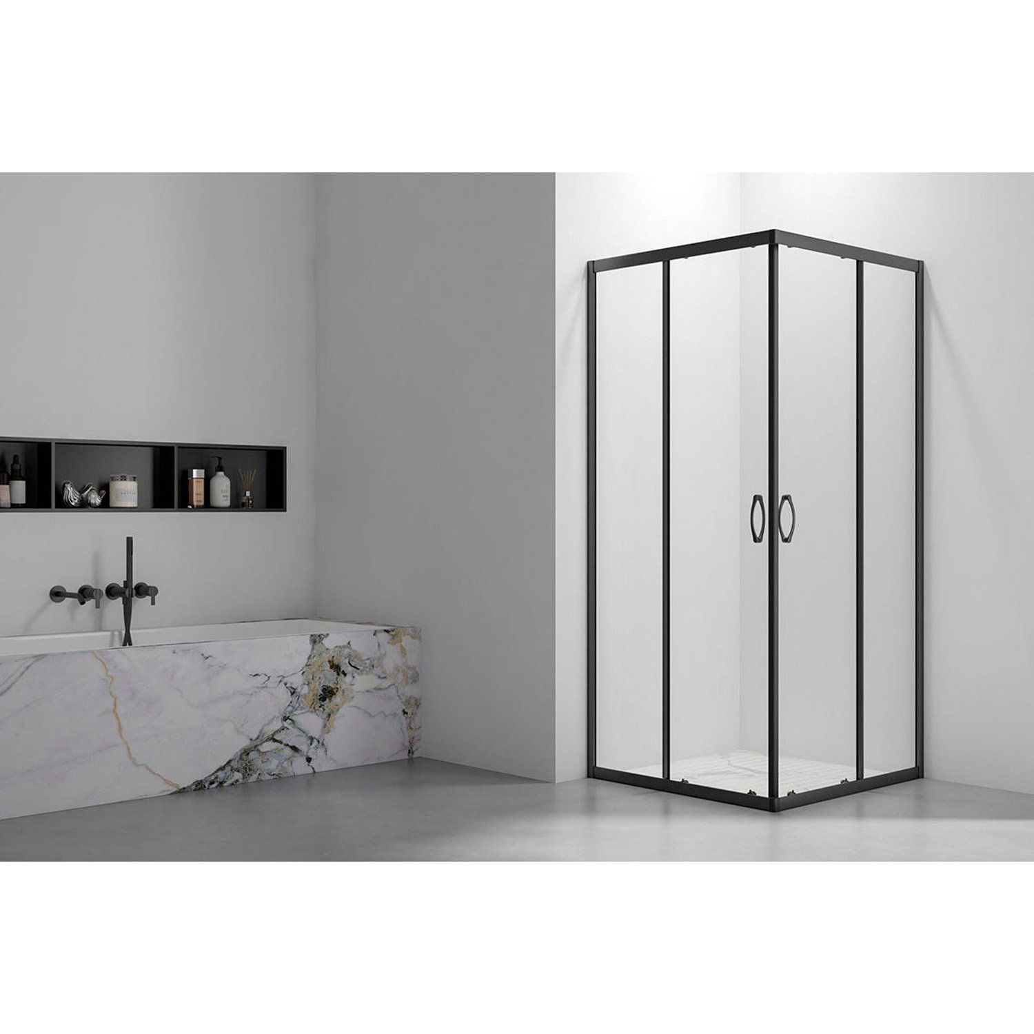 Душевой уголок Veconi (Векони) Rovigo 90х190х90 см стекло прозрачное, профиль черный, механизм раздвижной (RV101B-90-01-C5)