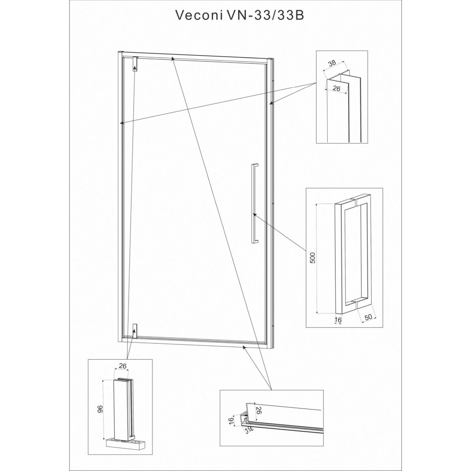 Душевая дверь Veconi (Векони) VN33-90-01-C7 900х1950 мм профиль хром, стекло прозрачное