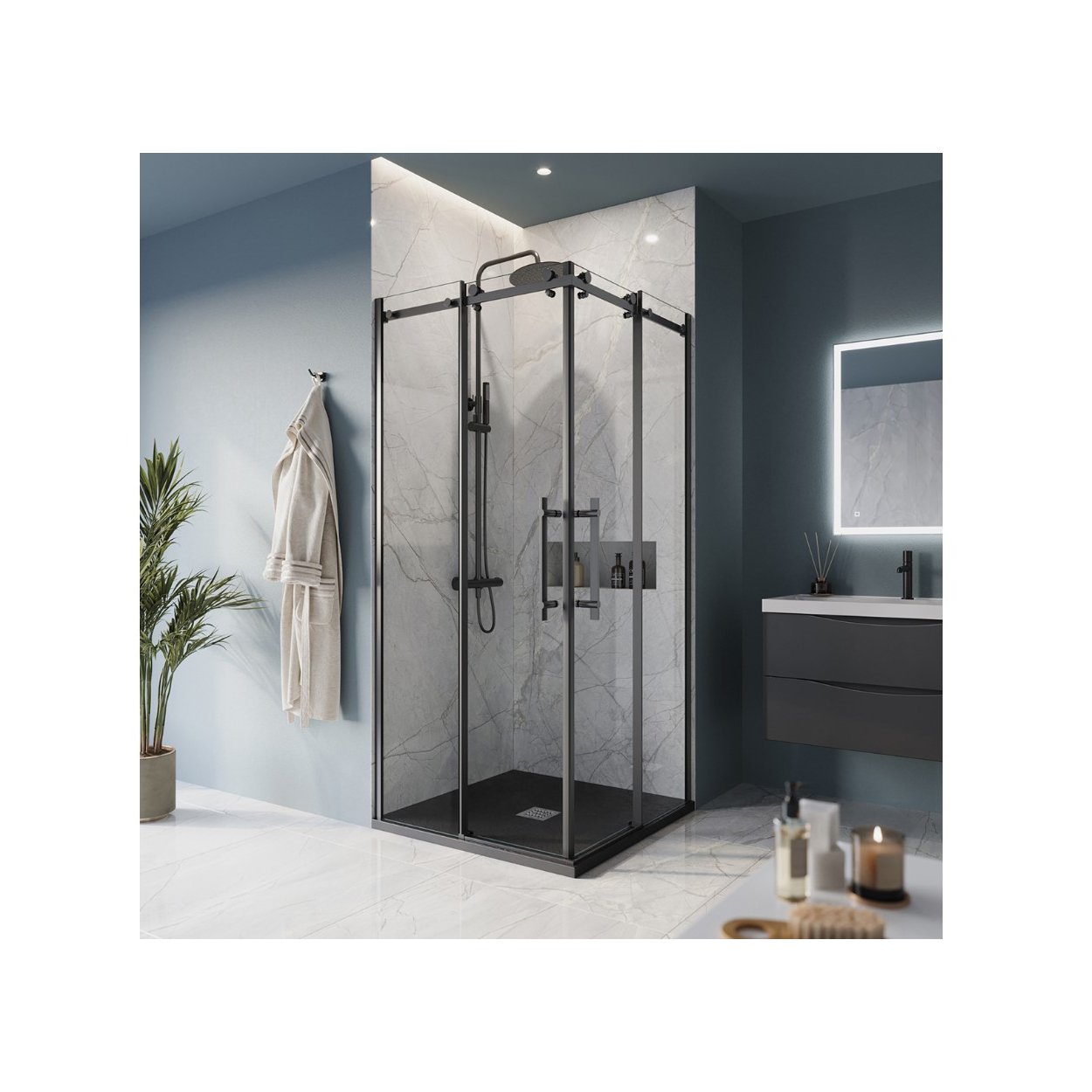 Душевой уголок BelBagno (Бельбагно) MARINO-A-2-90-C-NERO черный, стекло прозрачное 8 мм (900х1950х900)