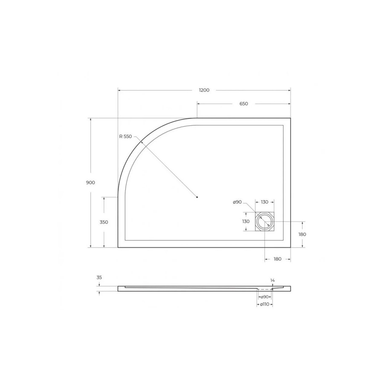 Поддон из искусственного мрамора BelBagno (Бельбагно) TRAY-MR-UNO-RH-120/90-550-35-W-R белый (1200х35х900)
