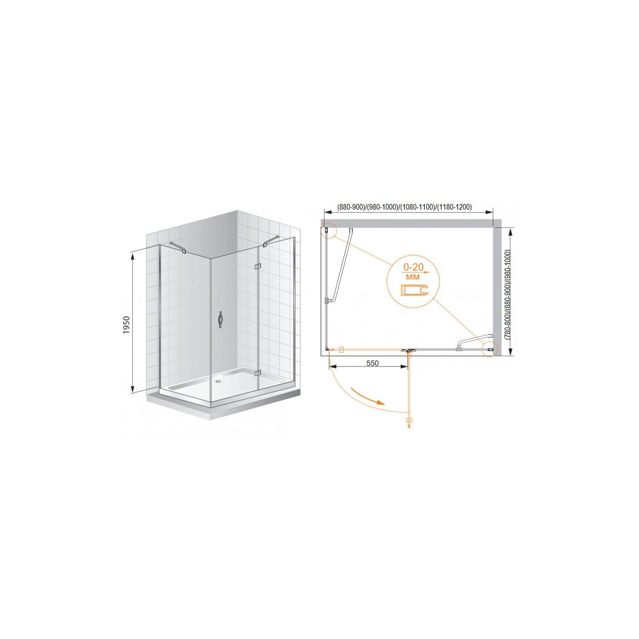 Душевой уголок Cezares (Цезарис) BERGAMO-W-AH-1-90/80-C-Cr-R цвет профиля хром, стекло прозрачное 6 мм 90х195х800 см