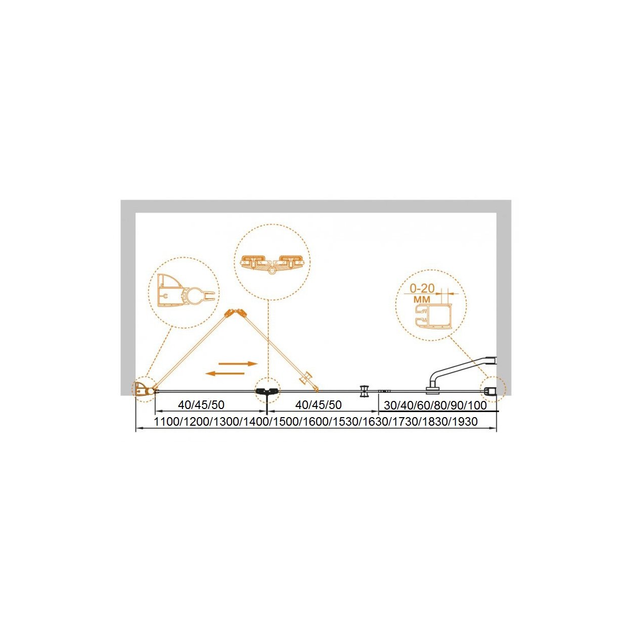 Душевая дверь Cezares (Цезарис) ELENA-W-BS-13-80+50/50-C-Cr цвет профиля хром, стекло прозрачное 6 мм 195х173 см