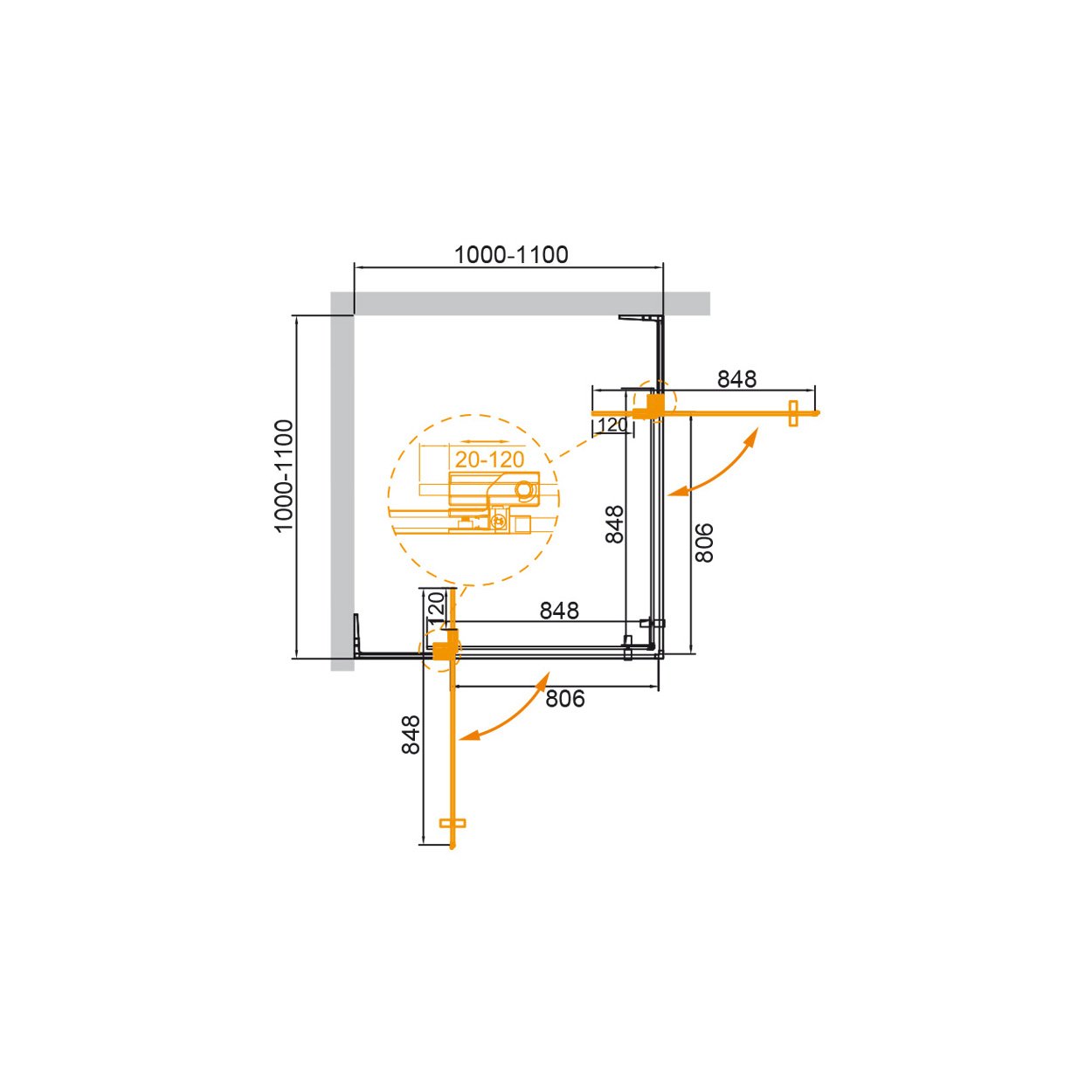 Душевой уголок Cezares (Цезарис) SLIDER-A-2-100/110-C-BORO цвет профиля золото, стекло прозрачное 8 мм 100х195х110 см