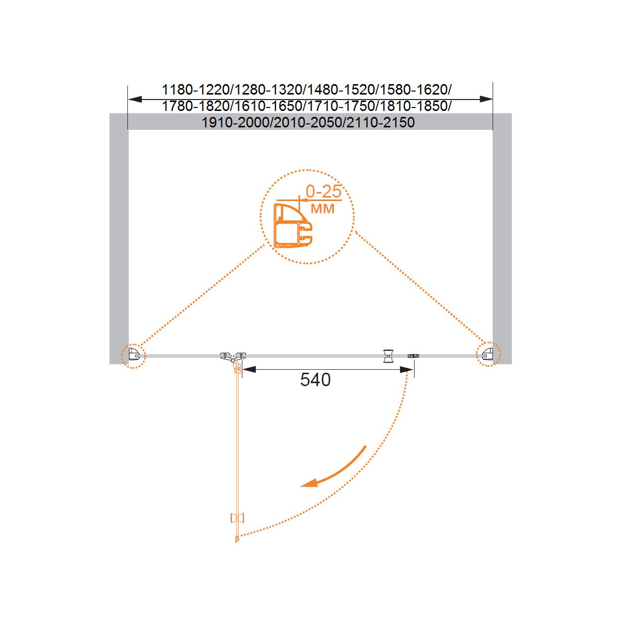 Душевая дверь Cezares (Цезарис) VERONA-W-B-13-30+60/60-P-Cr-R цвет профиля хром, стекло матовое 6 мм 200х150 см