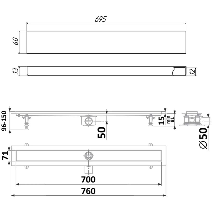 Душевой лоток Timo (Тимо) Drain Protect 700 DP20700-PG20700 с панелью PG20 под плитку, Сатин