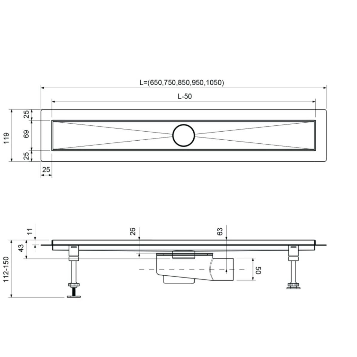 Душевой лоток Timo (Тимо) Drain System 700 DS230107/03 с вставкой lines, Черный