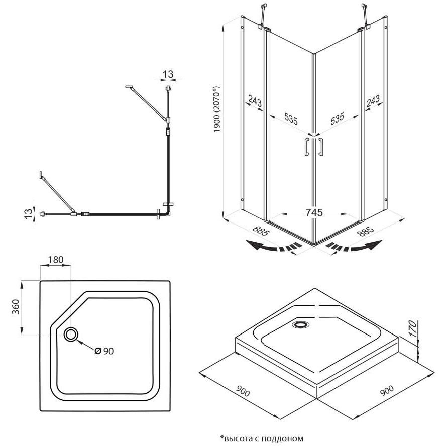 Душевой уголок Тритон (Triton) Тау-Блэк 900х900х2070 мм, прозрачный 6 мм, профиль черный (Щ0000054038) квадратный поддон (3 места+сифонD90мм)
