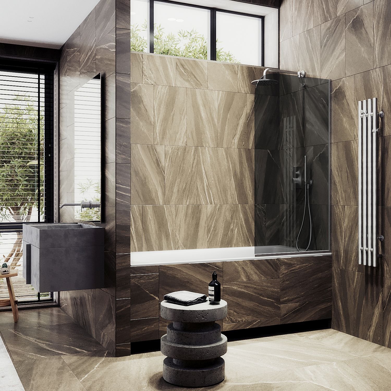 Шторка для ванны в узком профиле Maybahglass (Майбахгласс) 1400х900 мм, стекло Графит , профиль Хром матовый MGV-83-5у