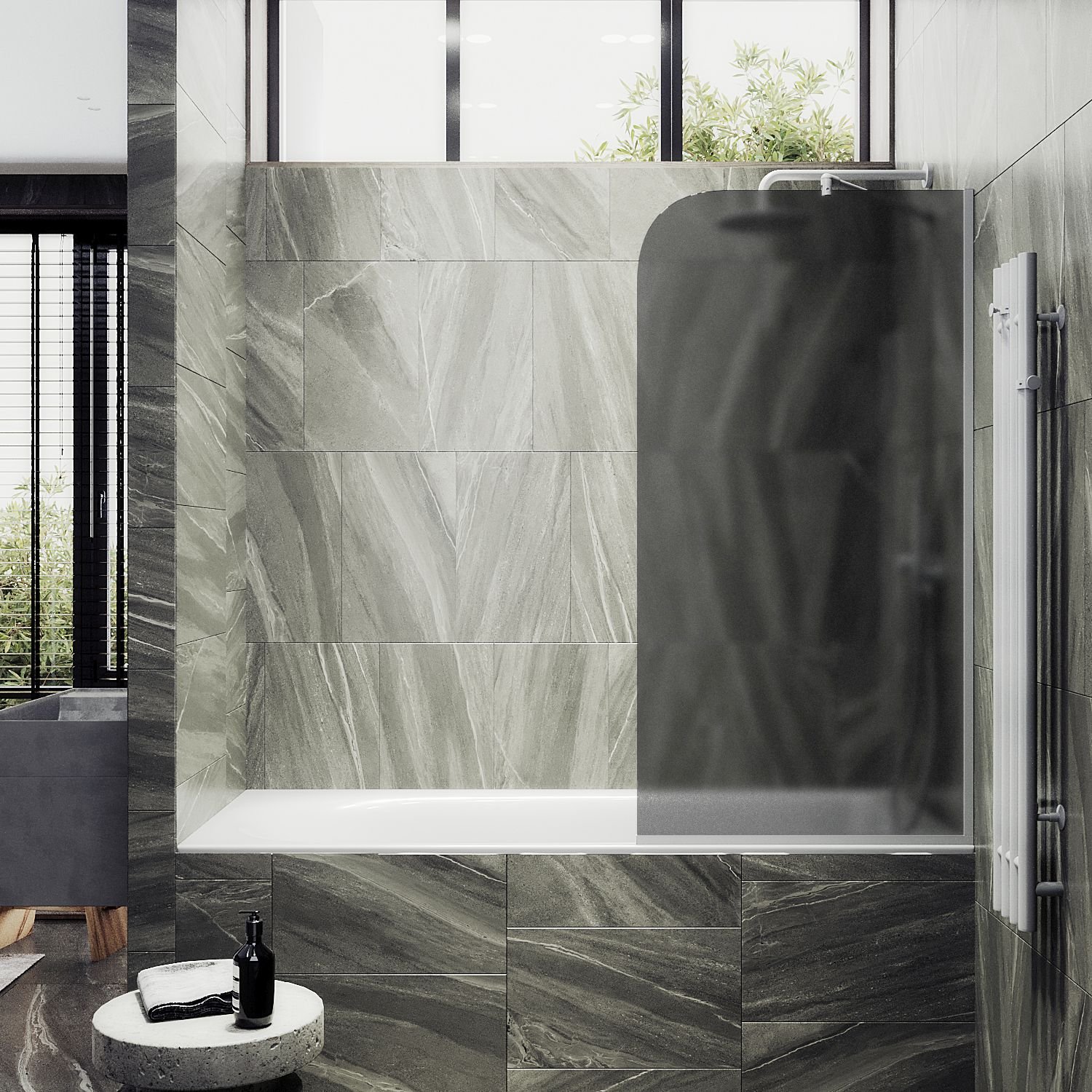 Шторка для ванны в узком профиле Maybahglass (Майбахгласс) 1400х900 мм, стекло Графит матовый , профиль Белый MGV-89-1у