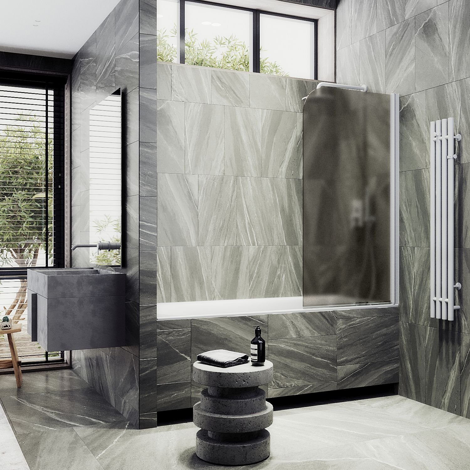 Шторка для ванны Maybahglass (Майбахгласс) поворотная на монопетле 1400х400 мм, стекло Бронза матовая , профиль Белый MGV-602-1