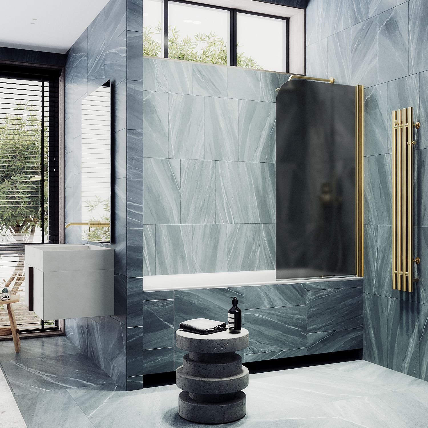 Шторка для ванны Maybahglass (Майбахгласс) поворотная на монопетле 1400х500 мм, стекло Графит матовый , профиль Золото MGV-609-3