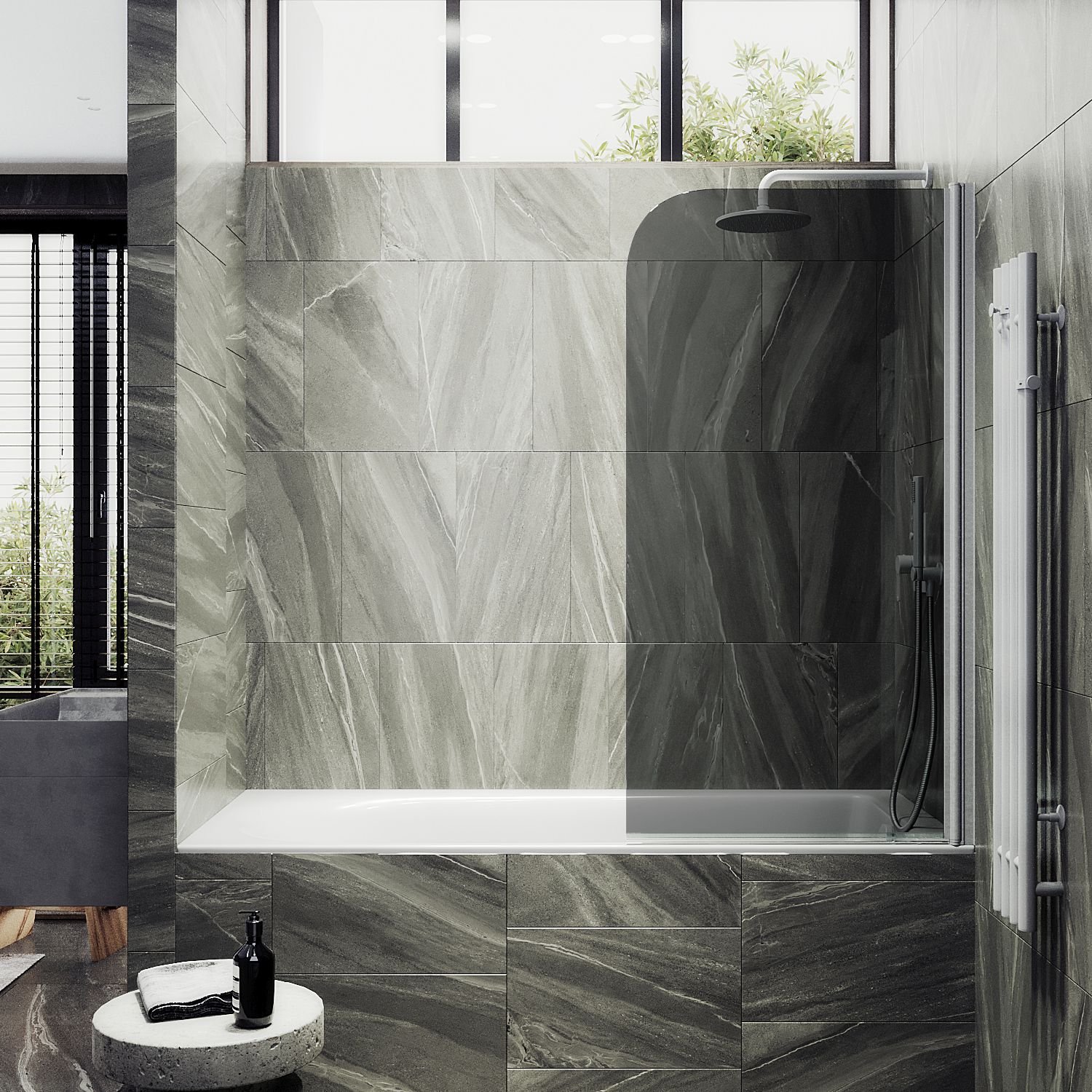 Шторка для ванны Maybahglass (Майбахгласс) поворотная на монопетле 1400х600 мм, стекло Графит , профиль Белый MGV-613-1