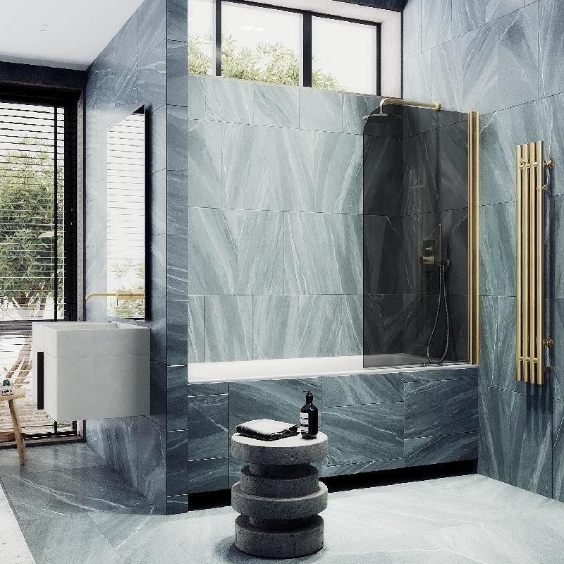 Шторка для ванны Maybahglass (Майбахгласс) поворотная на монопетле 1400х800 мм, стекло Графит , профиль Золото MGV-623-3