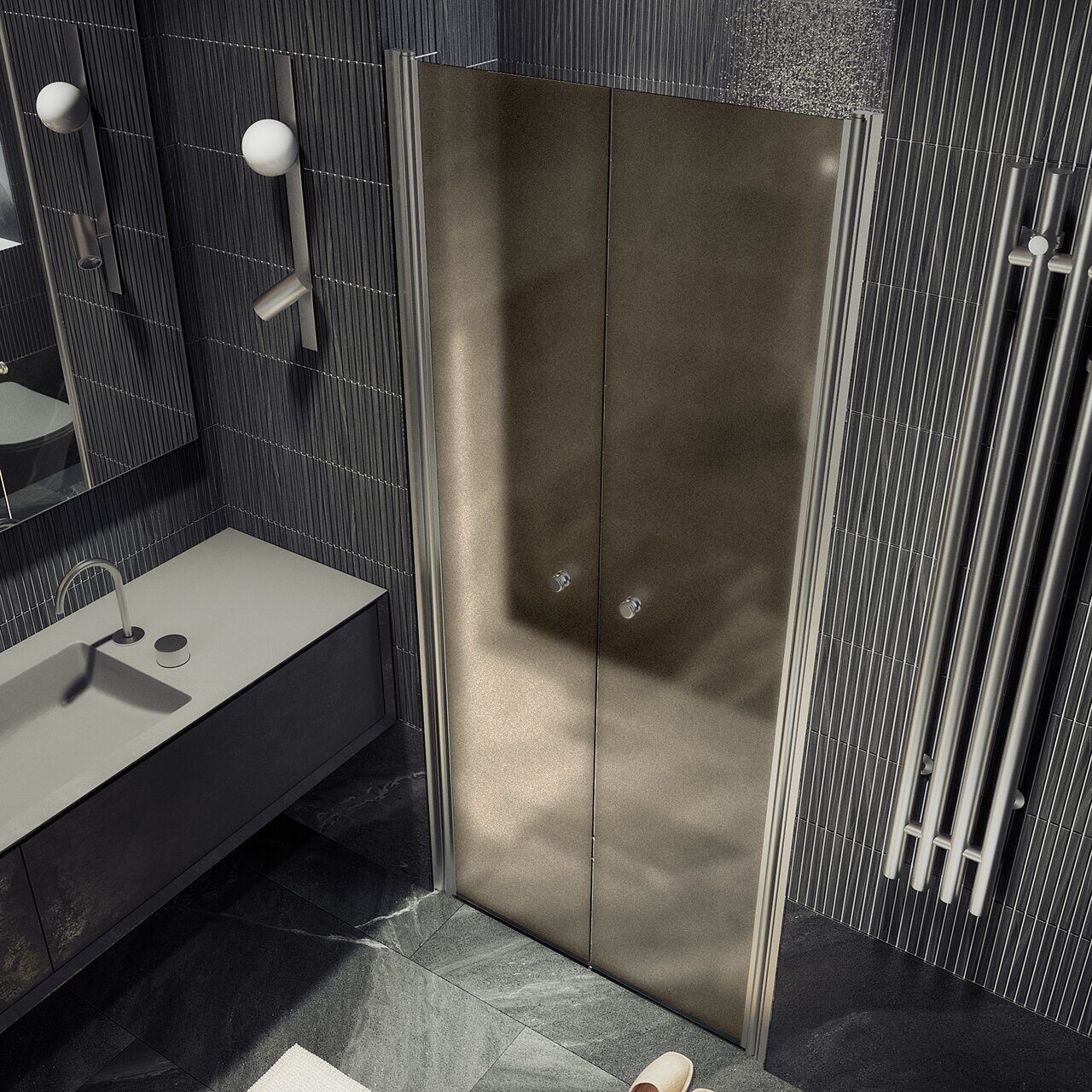 Душевая дверь двустворчатая на монопетлях Maybahglass (Майбахгласс) 1980х1200 мм, стекло 6 мм Бронза матовая MGD-428-5