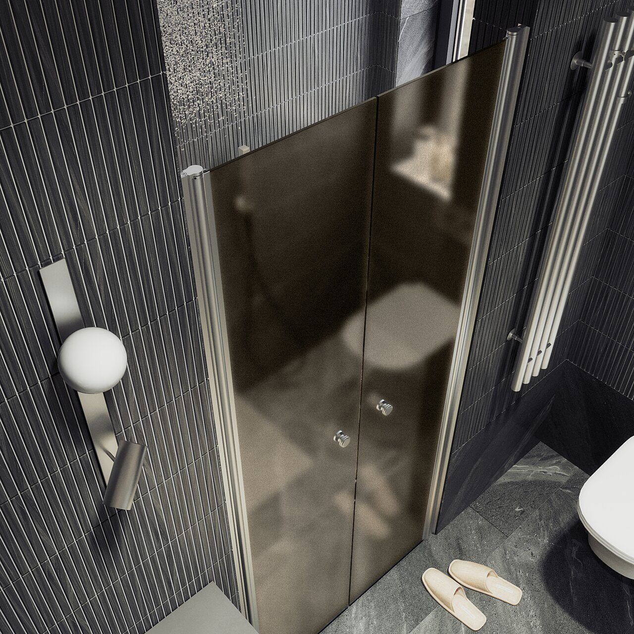 Душевая дверь двустворчатая на монопетлях Maybahglass (Майбахгласс) 1980х1200 мм, стекло 6 мм Бронза матовая MGD-428-5